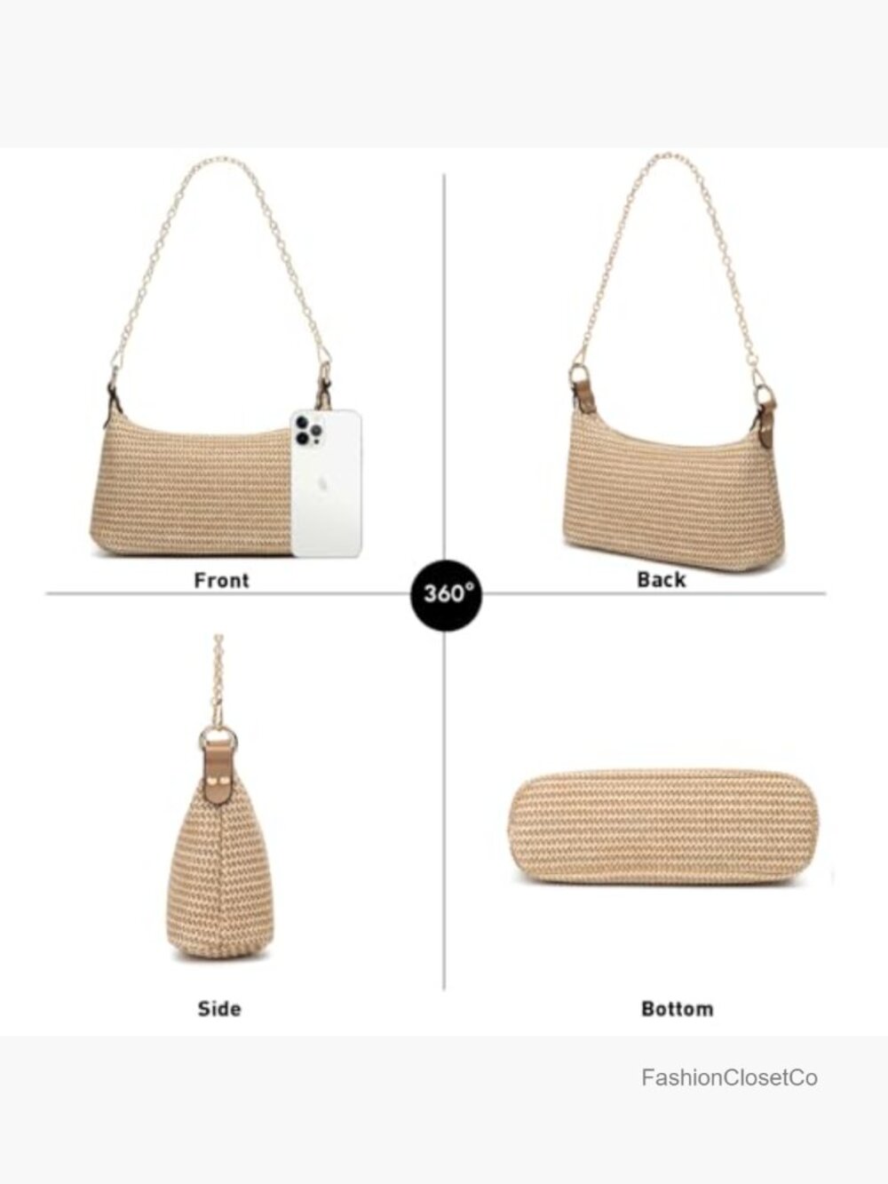 Straw Woven Small Tote Shoulder Handbag with Chain Strap - Picture 4 of 7